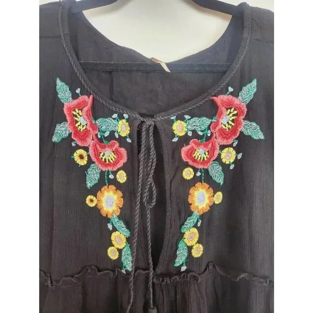 Free People Dress Flowy Black Embroidered Floral Size Medium